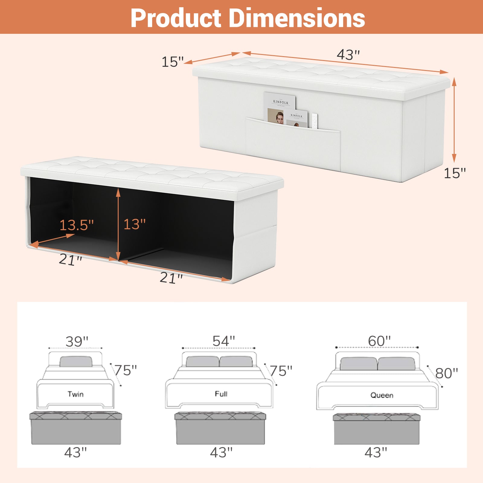 45 Inch Large Folding Ottoman Storage Seat, White Shoe Racks & Storage Benches at Gallery Canada