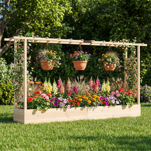 45 Inch Tall Wooden Raised Garden Bed with Side Trellis and Hanging Roof Drainage Holes, Natural