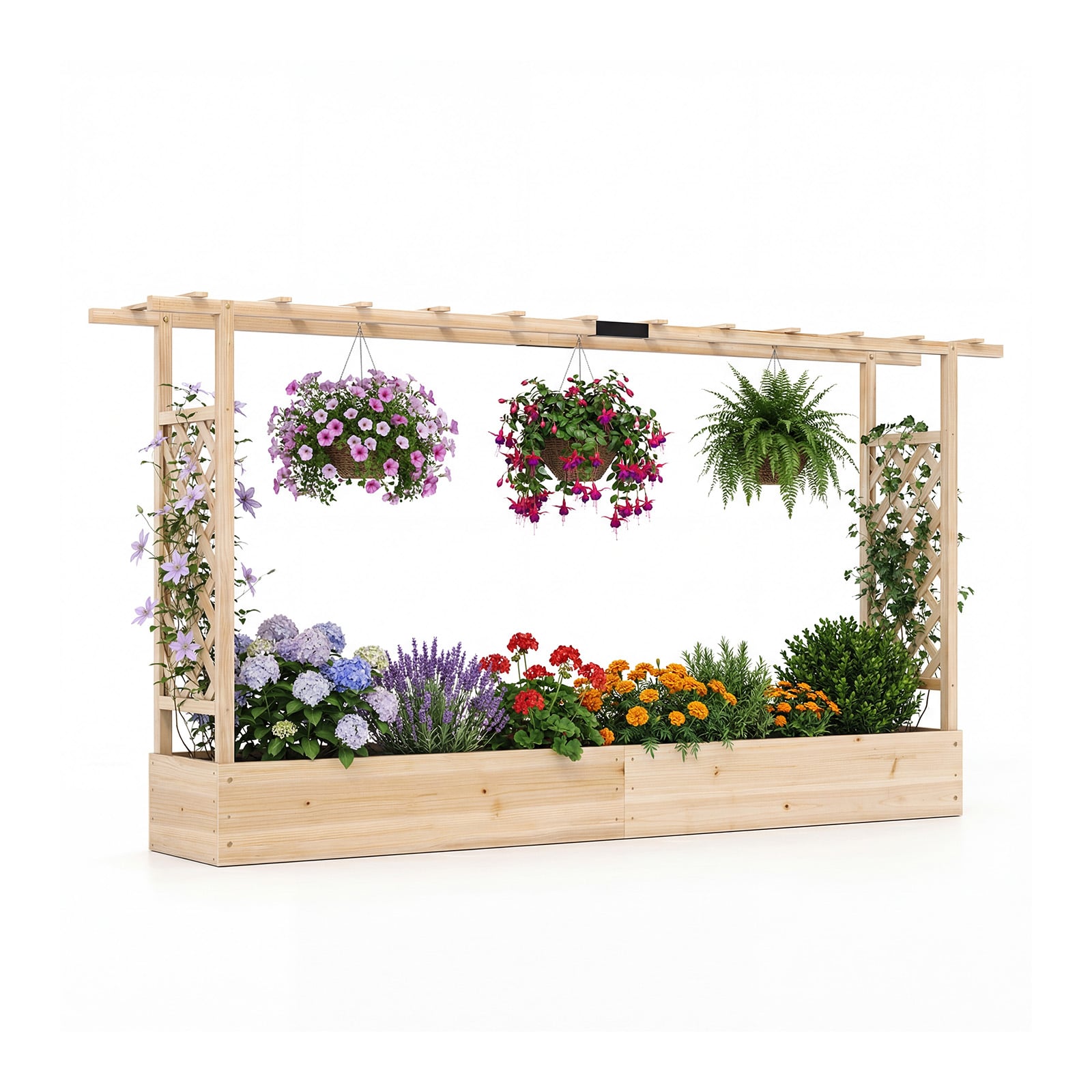 45 Inch Tall Wooden Raised Garden Bed with Side Trellis and Hanging Roof Drainage Holes, Natural Raised Garden Beds at Gallery Canada