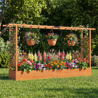 45 Inch Tall Wooden Raised Garden Bed with Side Trellis and Hanging Roof Drainage Holes, Orange Raised Garden Beds at Gallery Canada