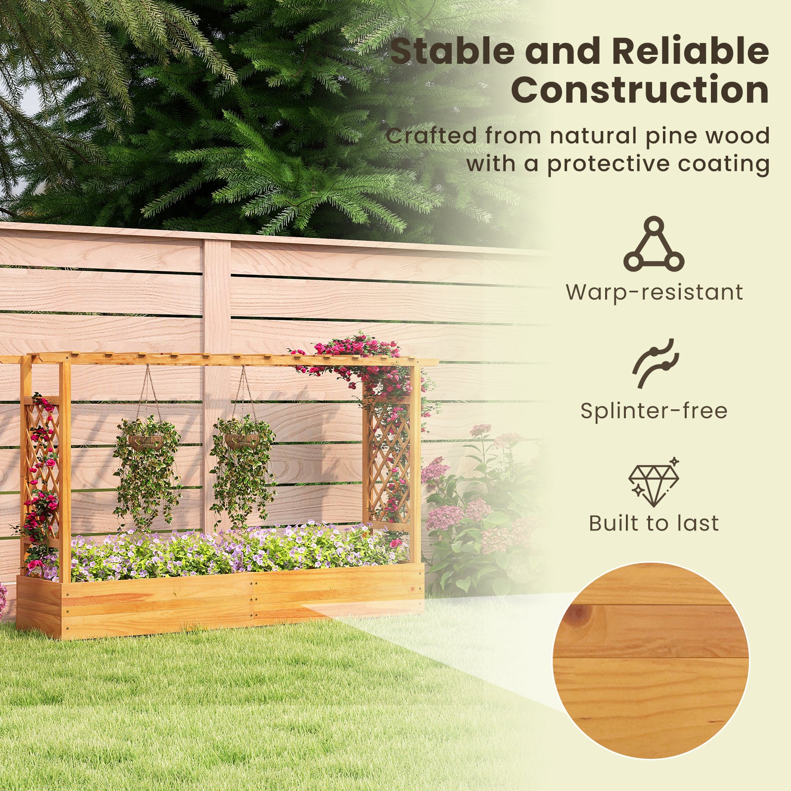 45 Inch Wooden Raised Garden Bed With Lattice Trellis, Natural Raised Garden Beds at Gallery Canada
