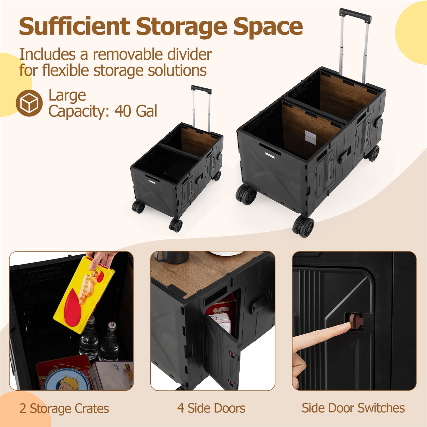 Large Foldable Utility Cart, 2-Tier Storage Crates, Telescoping Handle, Black Camping Furniture at Gallery Canada