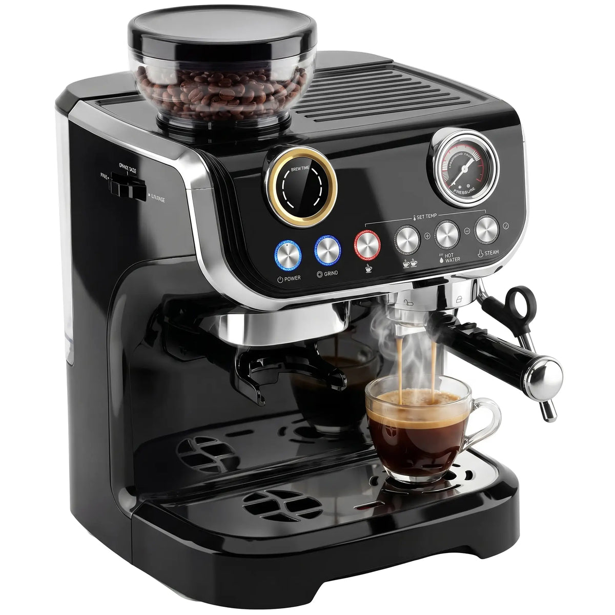 15 Bar Espresso Machine With Grinder & Milk Frother, Stainless Steel, Black Small Kitchen Appliances at Gallery Canada