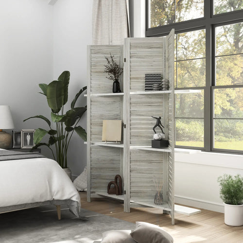 4-Panel Wall Partition, 3 Storage Shelves, Foldable, Wooden Frame, 5.6FT, Distressed White, White