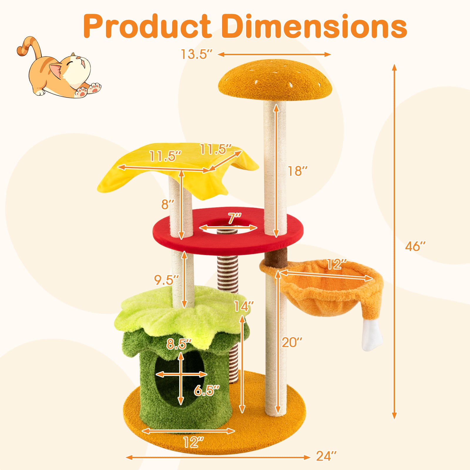 46 Inch Tall Cat Tree, Multi-Level, Padded Perch, Hanging Basket Bed, Yellow Cat Trees Condos & Scratchers at Gallery Canada