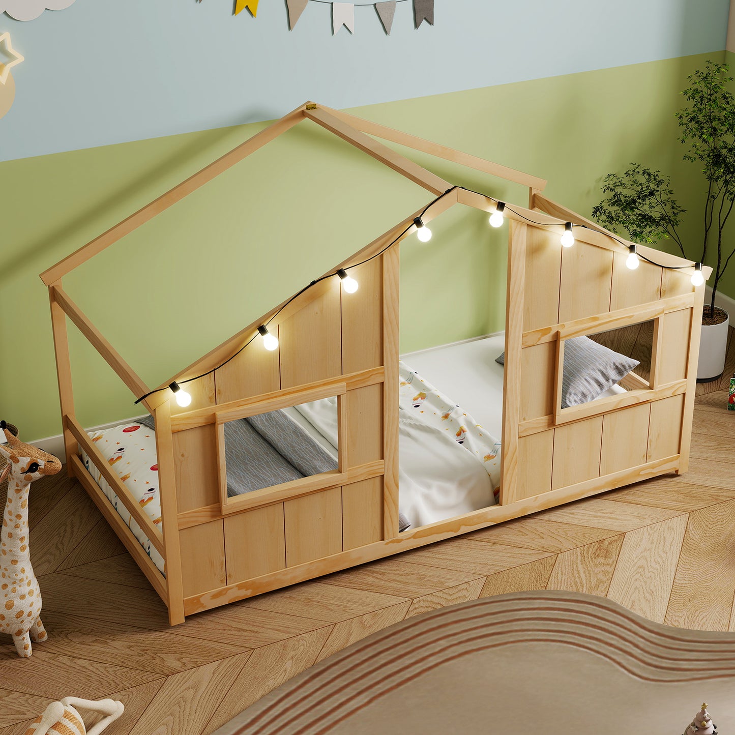 Twin Size House Bed With LED Lights, Montessori Slat-Free Floor Bed, Natural Toddler Beds at Gallery Canada