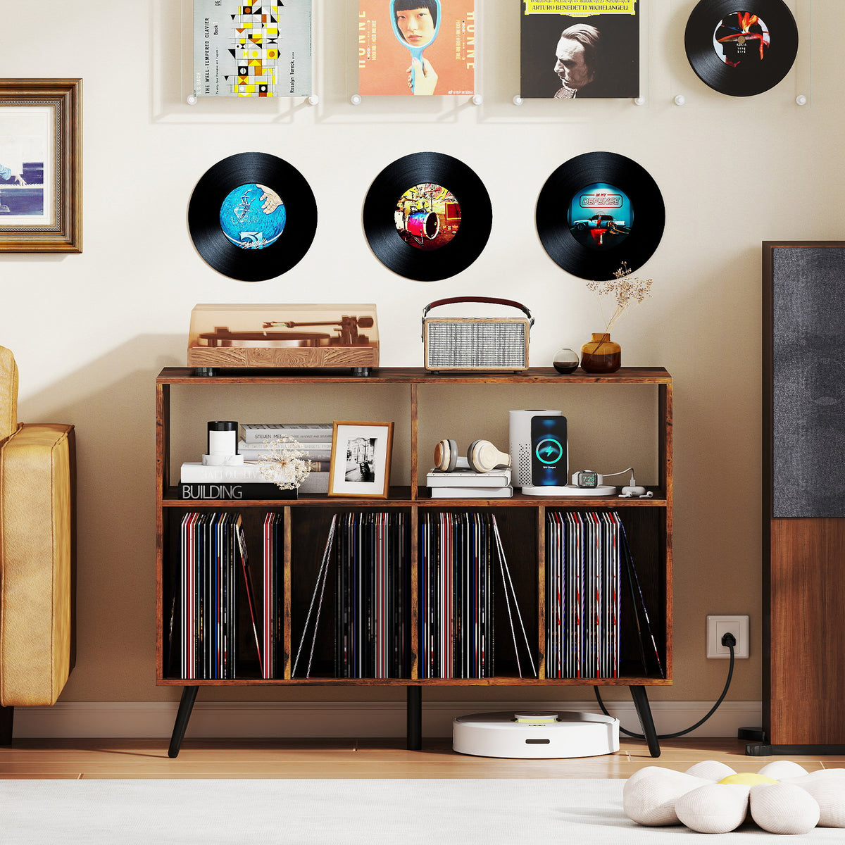 Record Player Stand With Charging Station, Open Shelves, Rustic Brown End & Side Tables at Gallery Canada