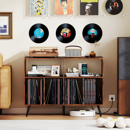 Record Player Stand With Charging Station, Open Shelves, Rustic Brown End & Side Tables at Gallery Canada