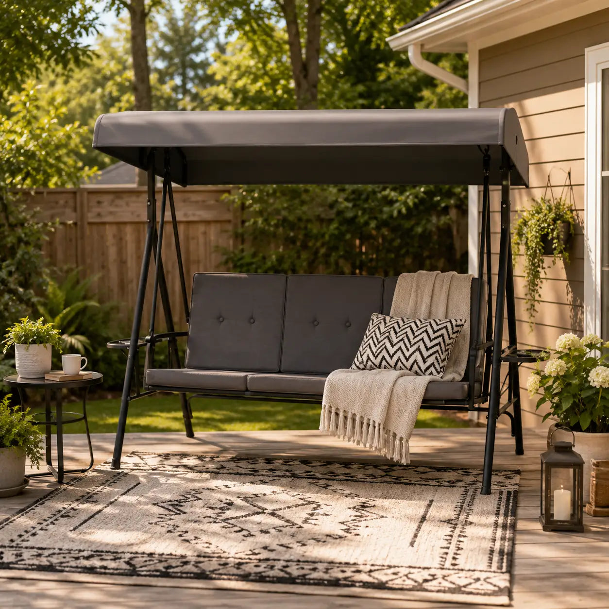 3-Seat Outdoor Swing With Adjustable Canopy, Side Tray, Removable Cushion, Grey Patio Swings with Stand at Gallery Canada