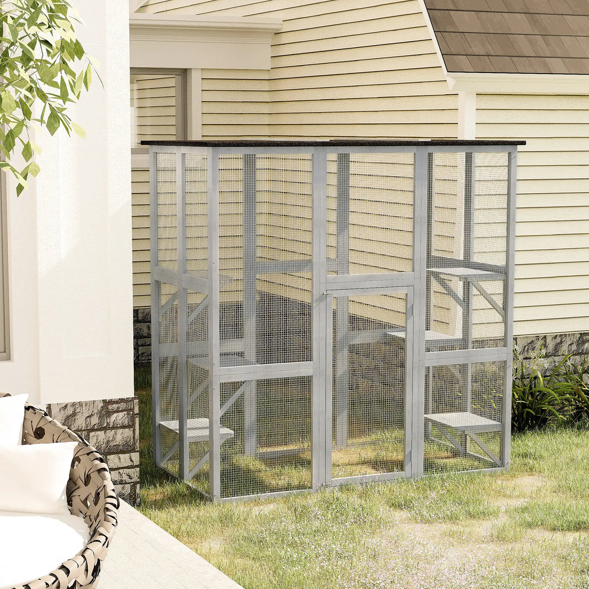 Large Outdoor Catio Enclosure, Weatherproof Cat House, Wooden Patio Cage, 6 Platforms, 71" x 39" x 71", Grey Outdoor Cat Enclosures at Gallery Canada