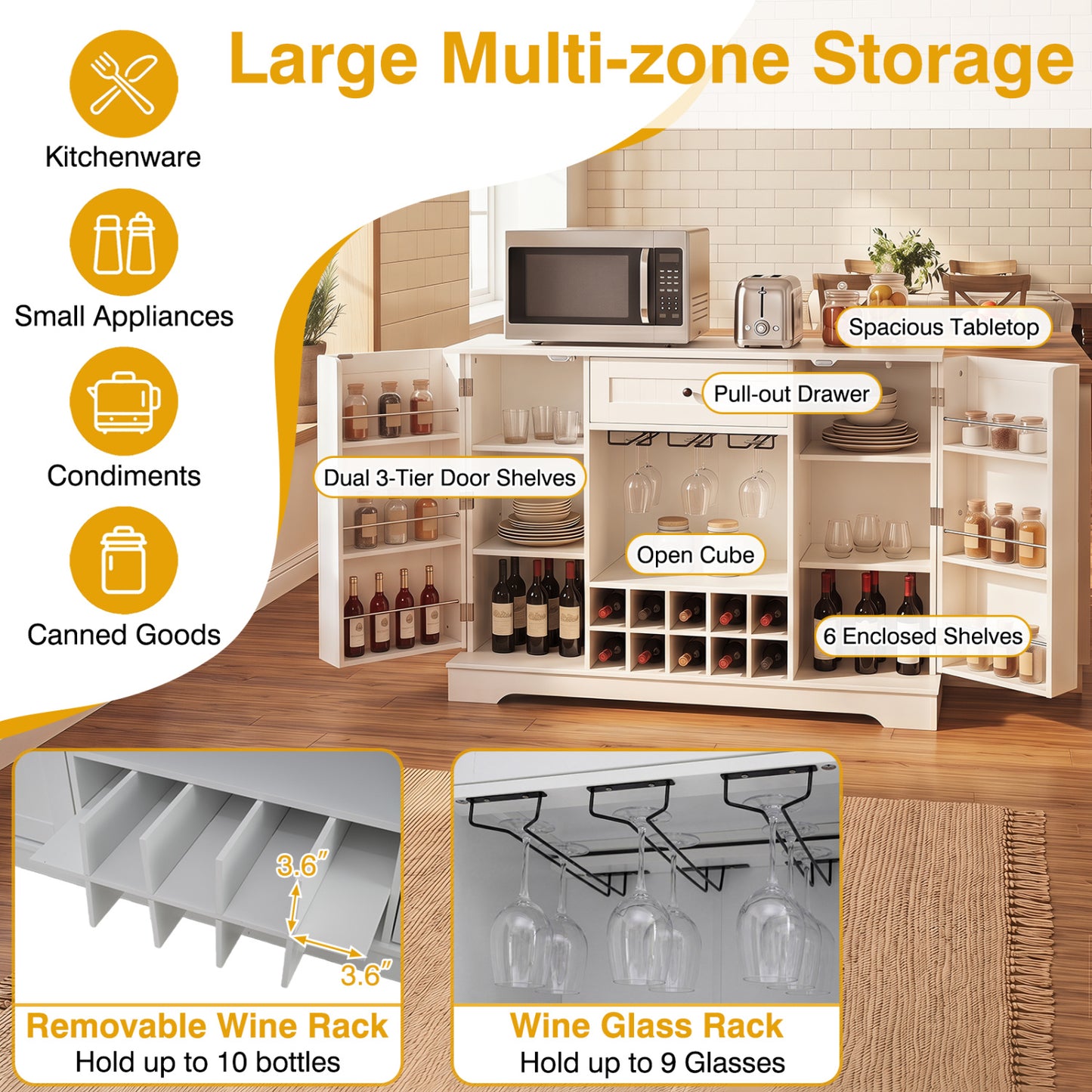 47.2 In Sideboard Cabinet, 10-Bottle Wine Rack, White Sideboards Cabinets & Buffets at Gallery Canada