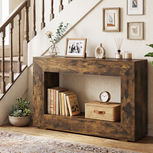2-Tier Farmhouse Console Table, Open Shelf, Rustic Brown