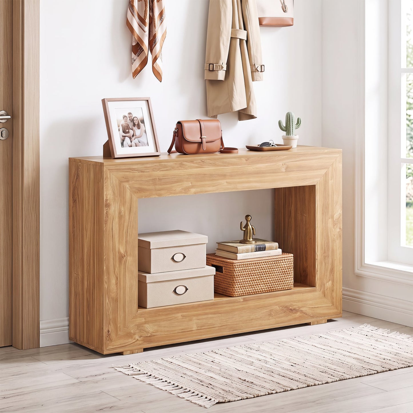 47" 2-Tier Farmhouse Console Table with Shelf, Natural