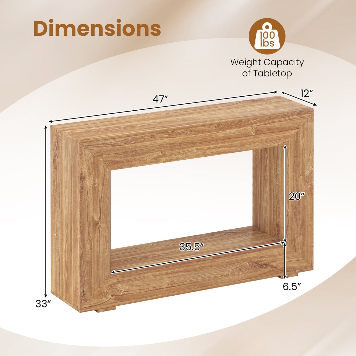 47" 2-Tier Farmhouse Console Table with Shelf, Natural