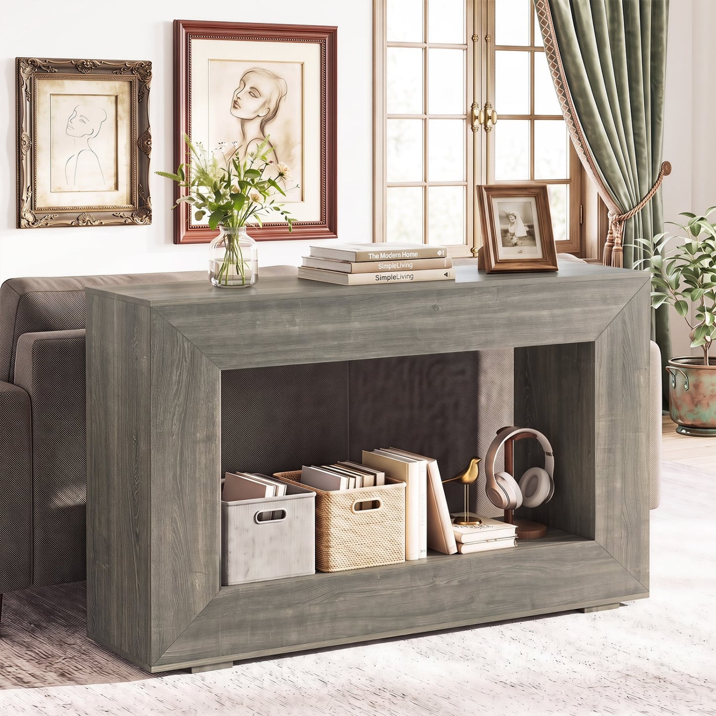 2-Tier Farmhouse Console Table, Open Storage Shelf, Oak