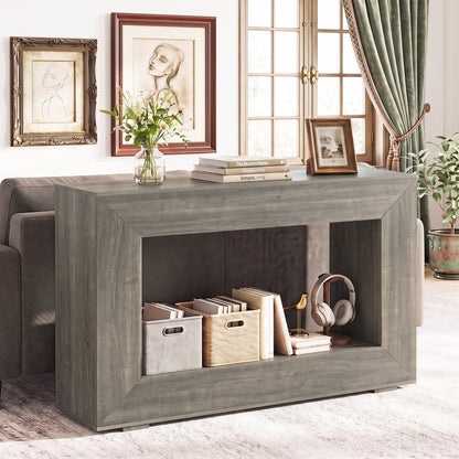 2-Tier Farmhouse Console Table, Open Storage Shelf, Oak