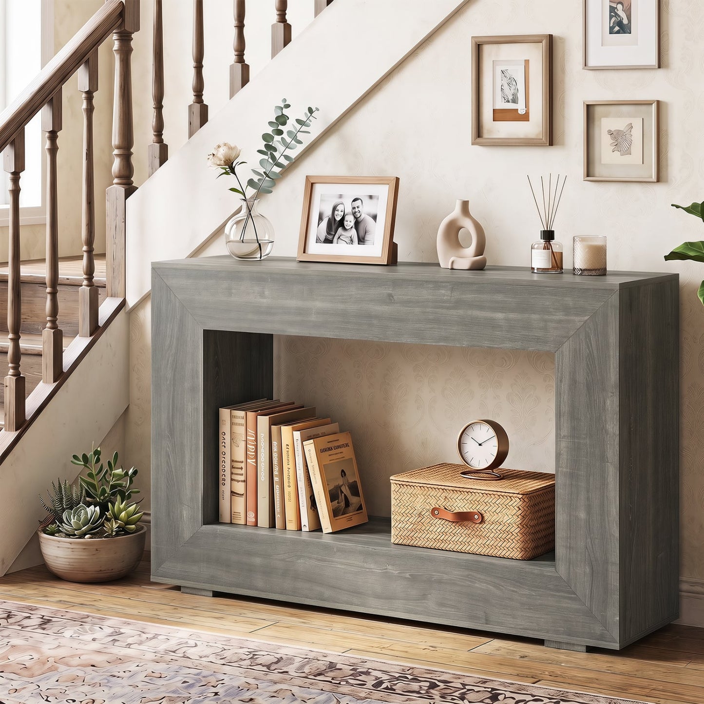 2-Tier Farmhouse Console Table, Open Storage Shelf, Oak