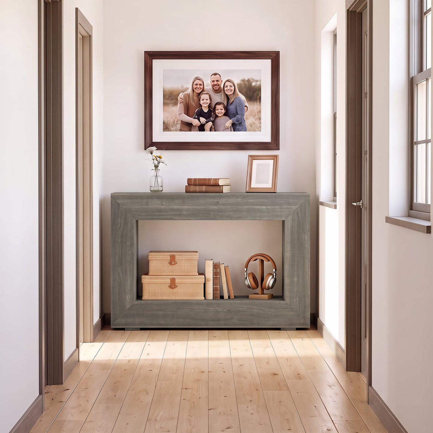 2-Tier Farmhouse Console Table, Open Storage Shelf, Oak