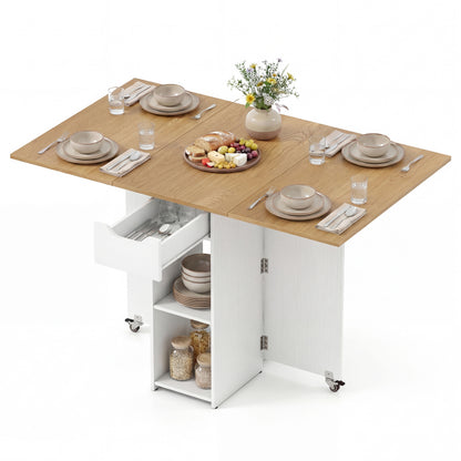 47.5 Inch Farmhouse Extendable Wooden Dinner Table with Lockable Wheels, White Dining Tables White at Gallery Canada