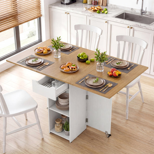 47.5 Inch Farmhouse Extendable Wooden Dinner Table with Lockable Wheels, White Dining Tables White at Gallery Canada