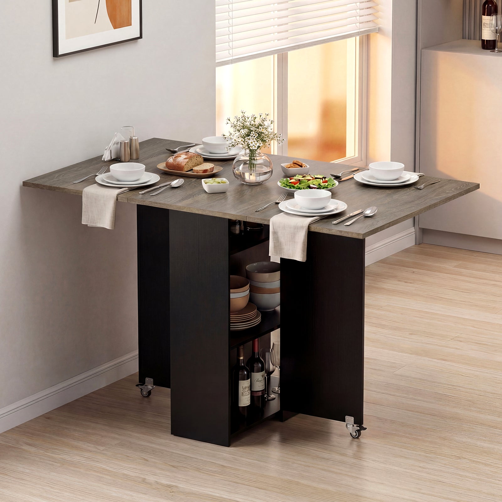 47.5 Inch Extendable Wooden Dinner Table, Lockable Wheels, Oak Dining Tables at Gallery Canada