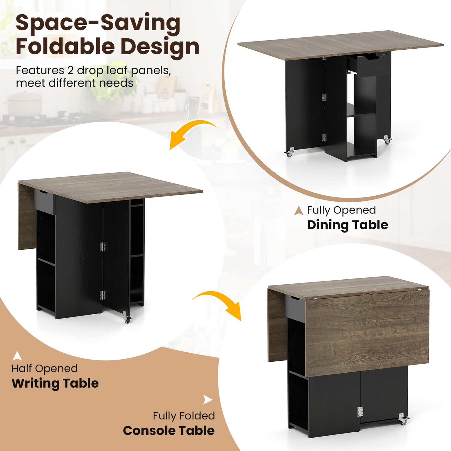47.5 Inch Extendable Wooden Dinner Table, Lockable Wheels, Oak Dining Tables at Gallery Canada