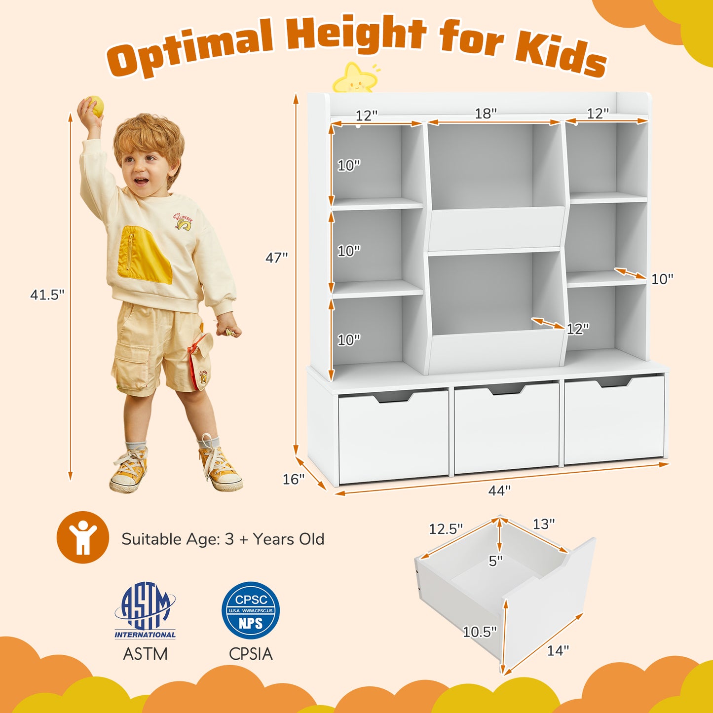 47" Children Bookcase Toy Storage Organizer, White Kids Storage at Gallery Canada