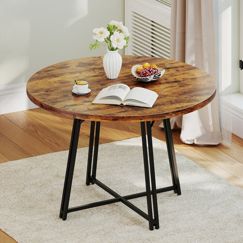47 Inch Dining Table for 4-6 People Round Kitchen Table with Cross Base, Rustic Brown