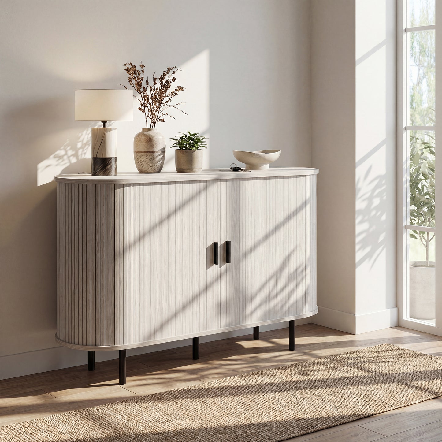 47 Inch Fluted Sideboard Buffet Cabinet, Tambour Sliding Doors, Gray Sideboards Cabinets & Buffets at Gallery Canada