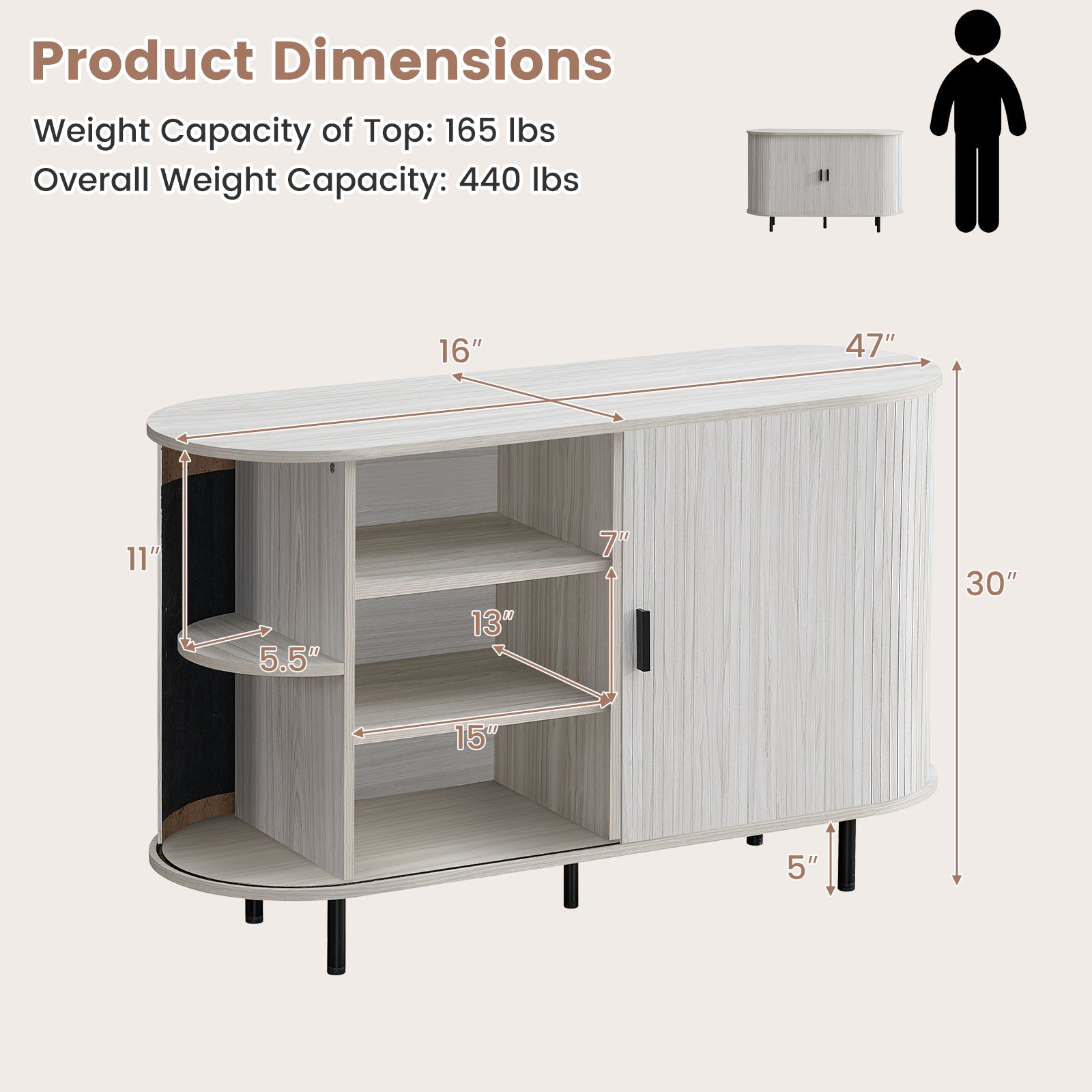 47 Inch Fluted Sideboard Buffet Cabinet, Tambour Sliding Doors, Gray Sideboards Cabinets & Buffets at Gallery Canada