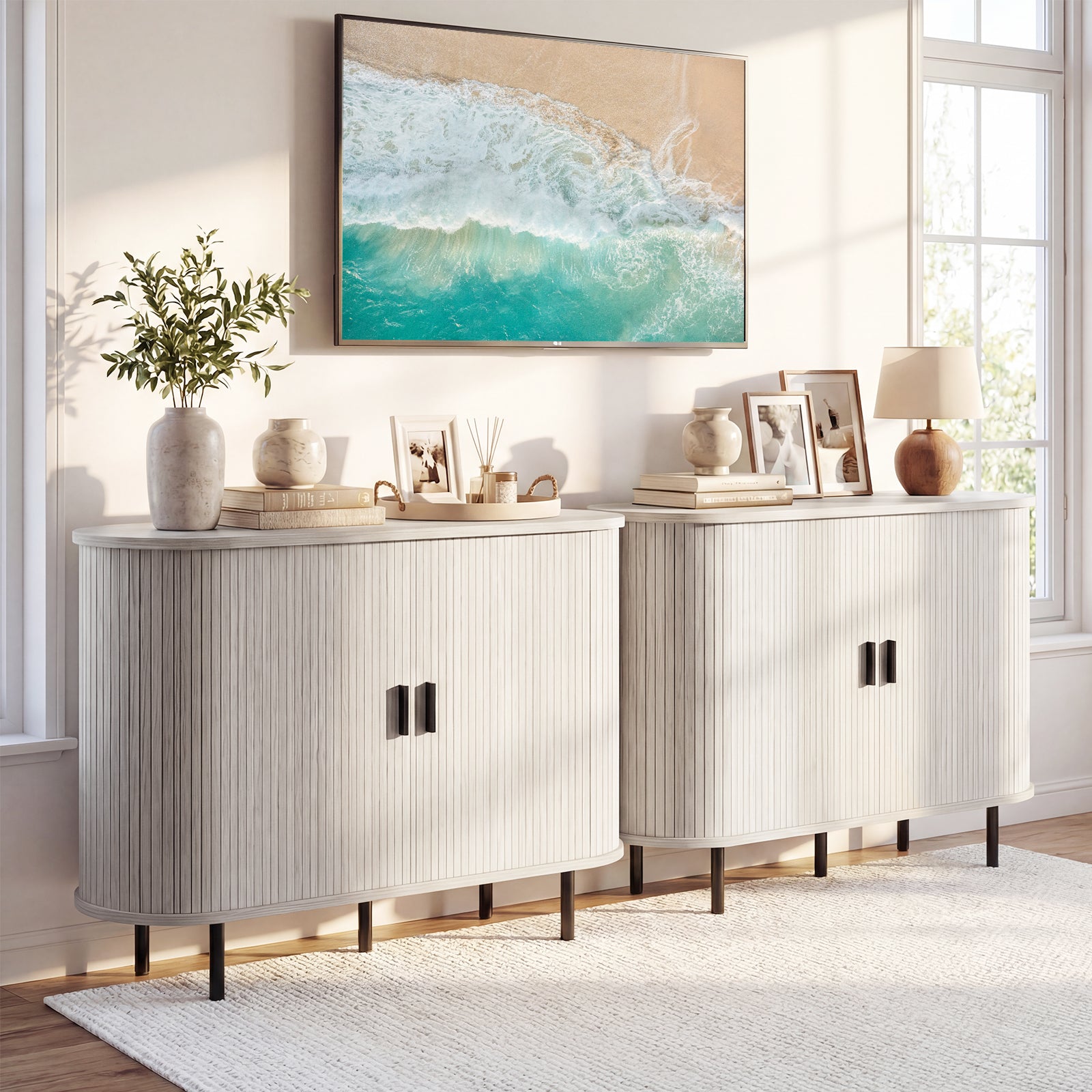 47 Inch Fluted Sideboard Buffet Cabinet, Tambour Sliding Doors, Gray Sideboards Cabinets & Buffets at Gallery Canada