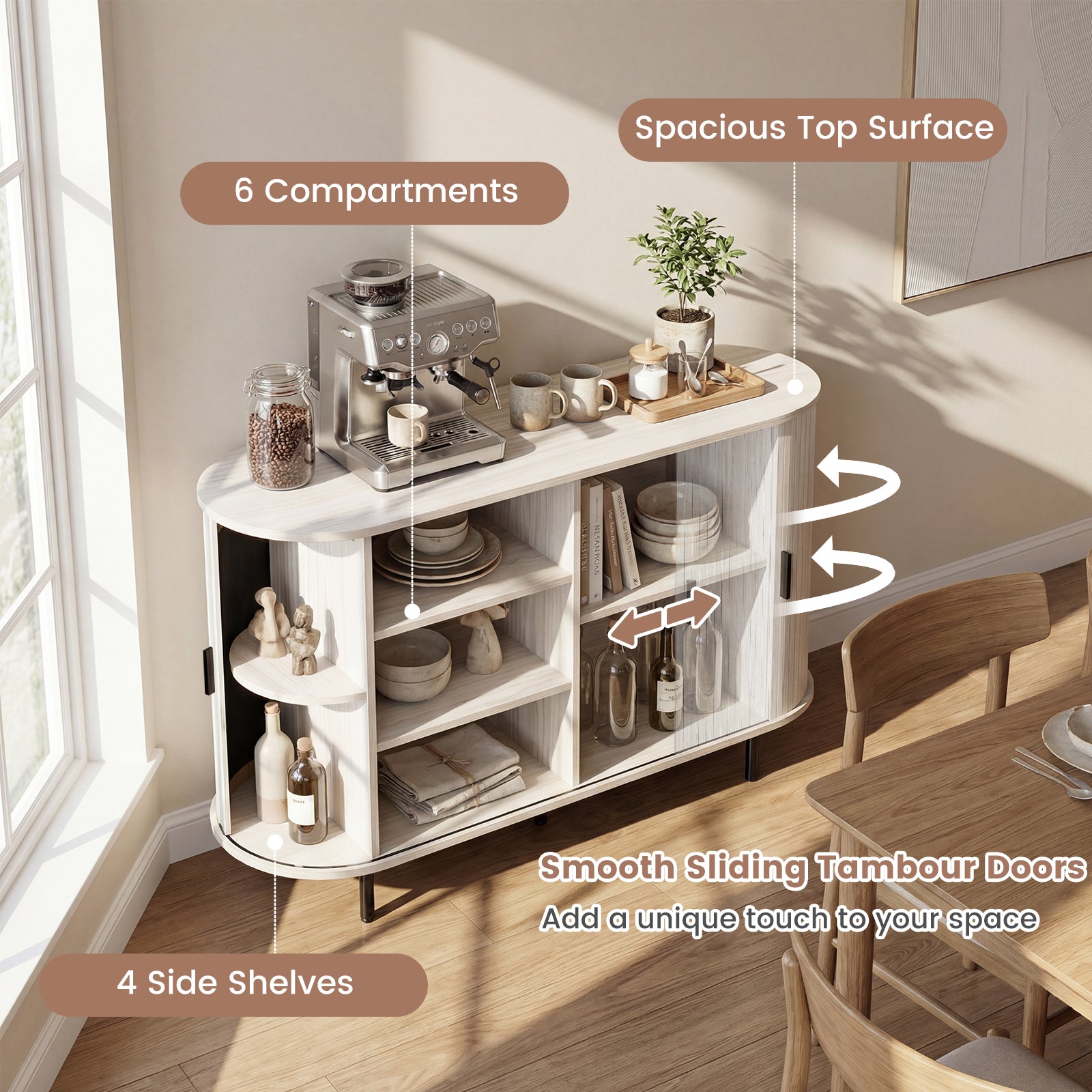 47 Inch Fluted Sideboard Buffet Cabinet, Tambour Sliding Doors, Gray Sideboards Cabinets & Buffets at Gallery Canada