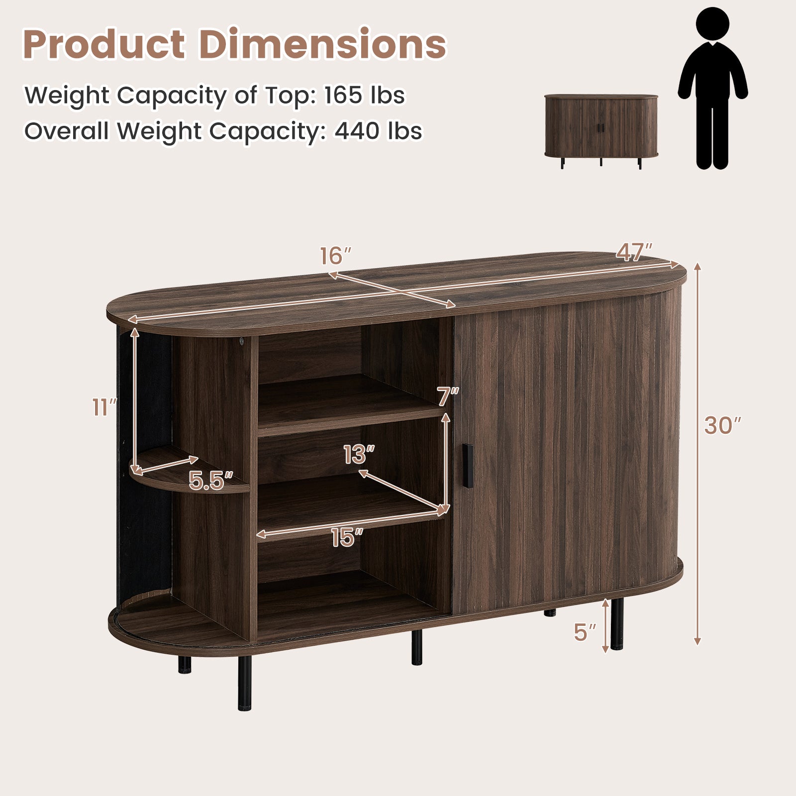 47 Inch Fluted Sideboard Buffet Cabinet, Tambour Sliding Doors, Walnut Sideboards Cabinets & Buffets at Gallery Canada