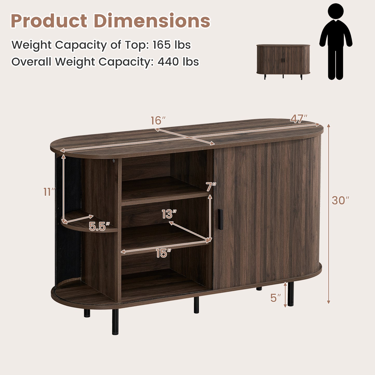 47 Inch Fluted Sideboard Buffet Cabinet, Tambour Sliding Doors, Walnut Sideboards Cabinets & Buffets at Gallery Canada