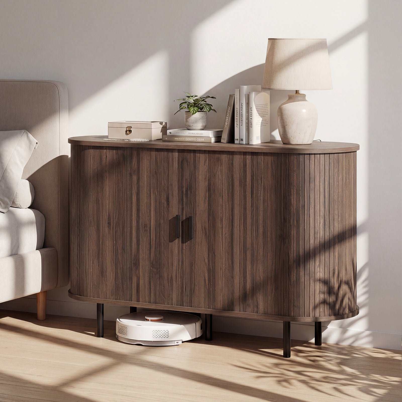 47 Inch Fluted Sideboard Buffet Cabinet, Tambour Sliding Doors, Walnut Sideboards Cabinets & Buffets at Gallery Canada