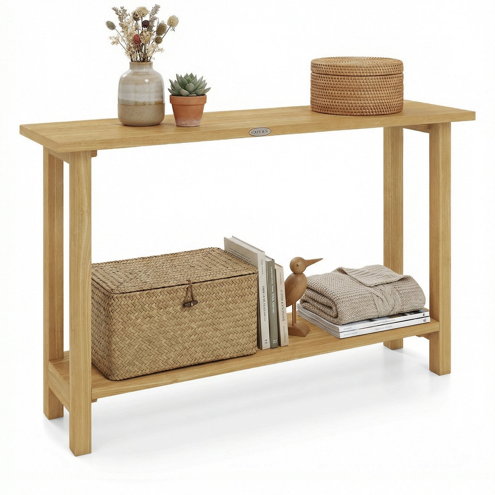 47 Inch Solid Wood Console Table, Storage Shelf, Natural, Teak Console Tables Natural at Gallery Canada