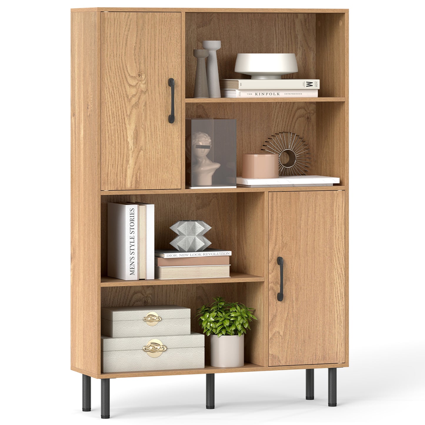 47 Inch Storage Cabinet Freestanding Bookcase with 2 Doors and 4 Open Shelves, Natural Bookcases Natural at Gallery Canada