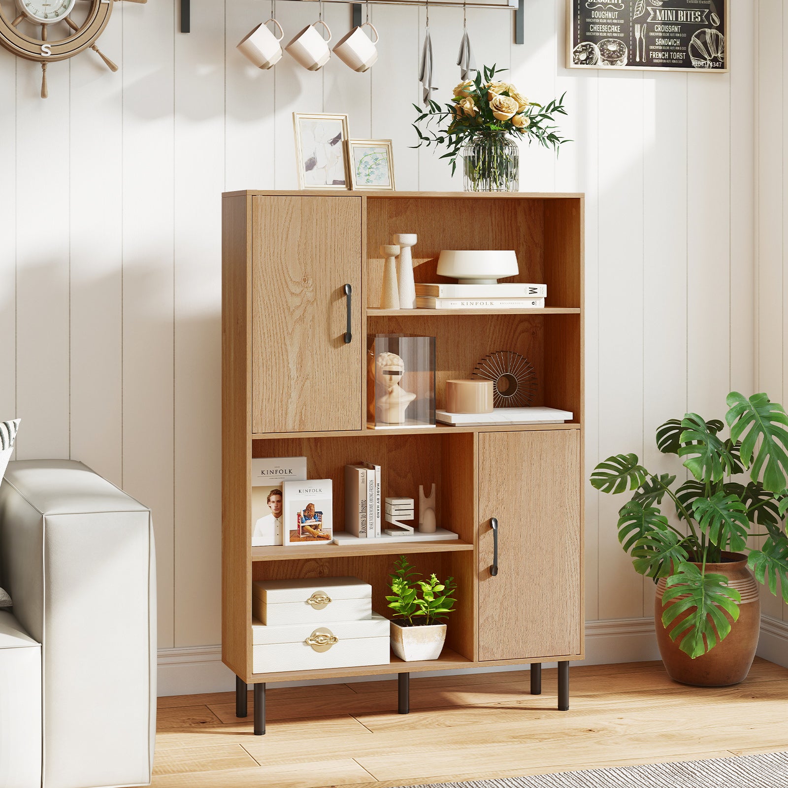 47 Inch Storage Cabinet Freestanding Bookcase with 2 Doors and 4 Open Shelves, Natural Bookcases at Gallery Canada