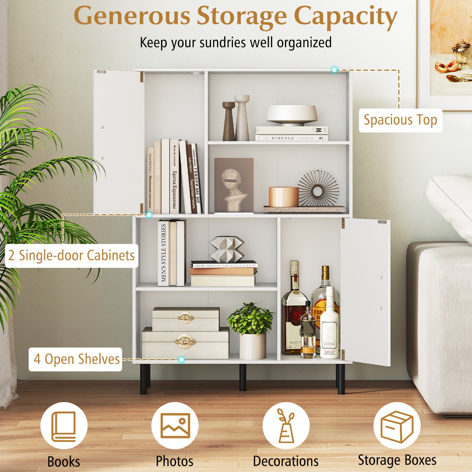 47 Inch Storage Cabinet Freestanding Bookcase with 2 Doors and 4 Open Shelves, White Bookcases at Gallery Canada