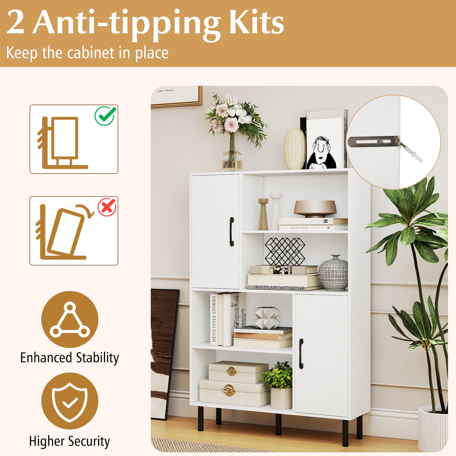 47 Inch Storage Cabinet Freestanding Bookcase with 2 Doors and 4 Open Shelves, White Bookcases at Gallery Canada
