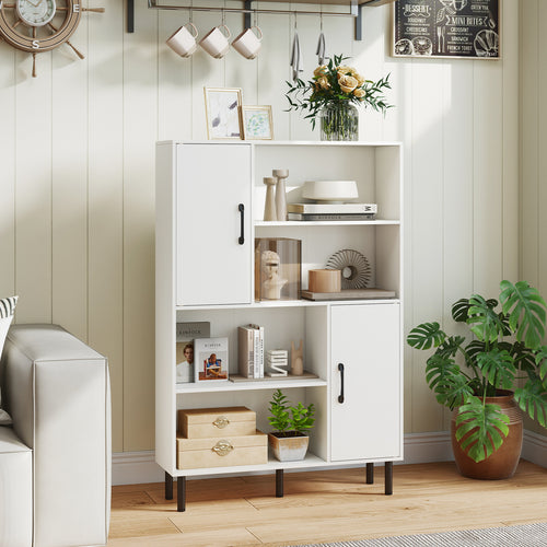 47 Inch Storage Cabinet Freestanding Bookcase with 2 Doors and 4 Open Shelves, White