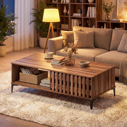 47 Inch Mid Century Coffee Table, Farmhouse Wooden Center Table, Walnut Entertainment Centers & TV Stands Walnut at Gallery Canada