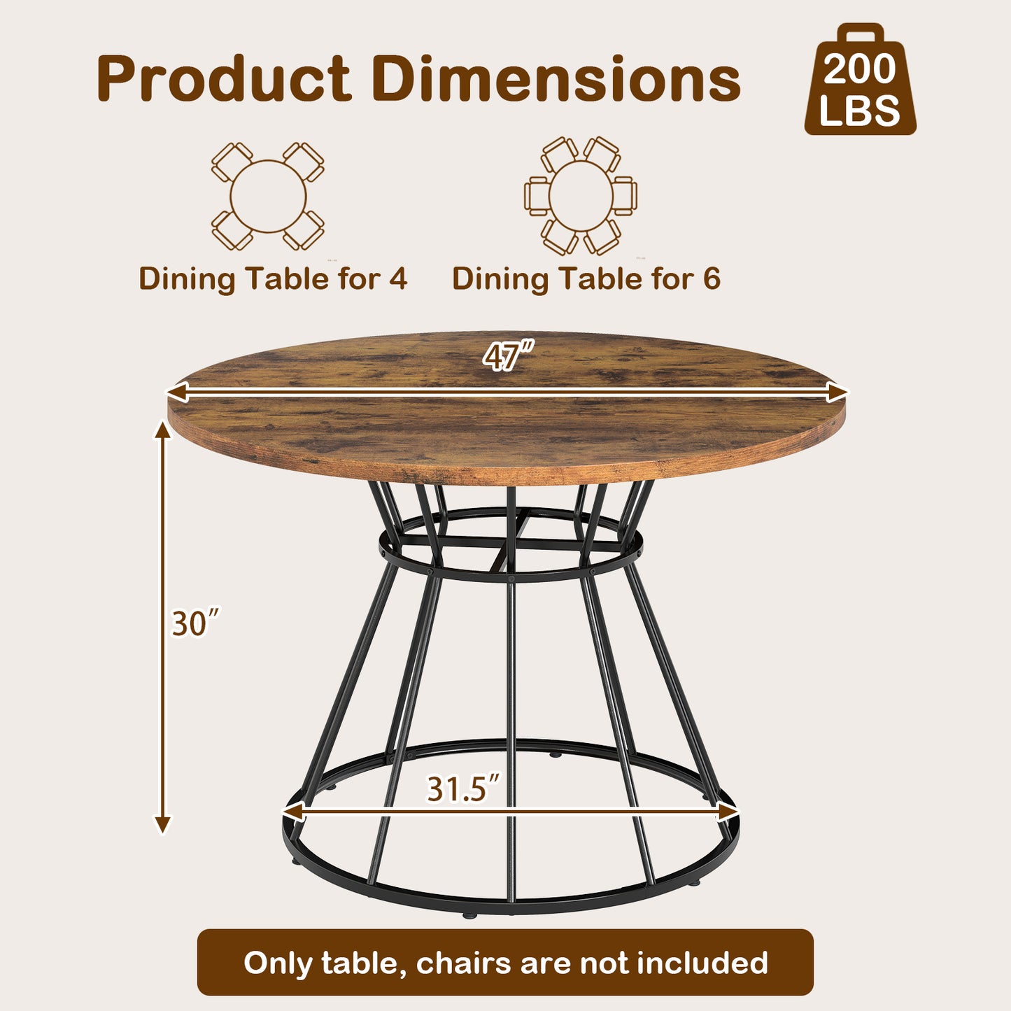 47 Inches Round Dining Table For 4, Wooden Tabletop, Brown Dining Tables at Gallery Canada
