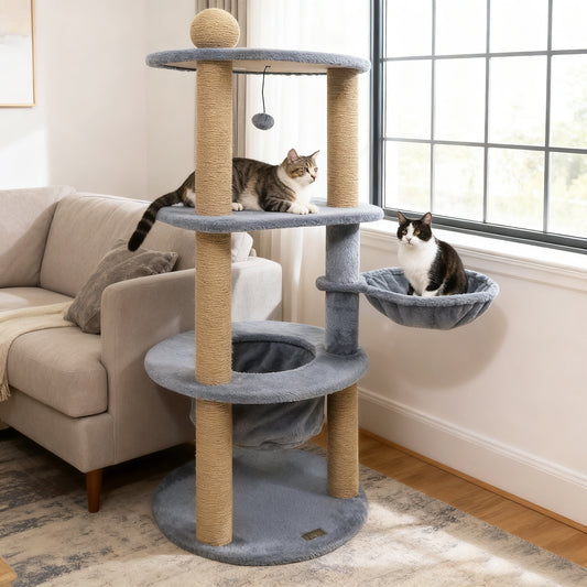 47 Inches Tall Cat Tower with Cat Nest and Scratching Posts, Gray Cat Trees Condos & Scratchers Gray at Gallery Canada