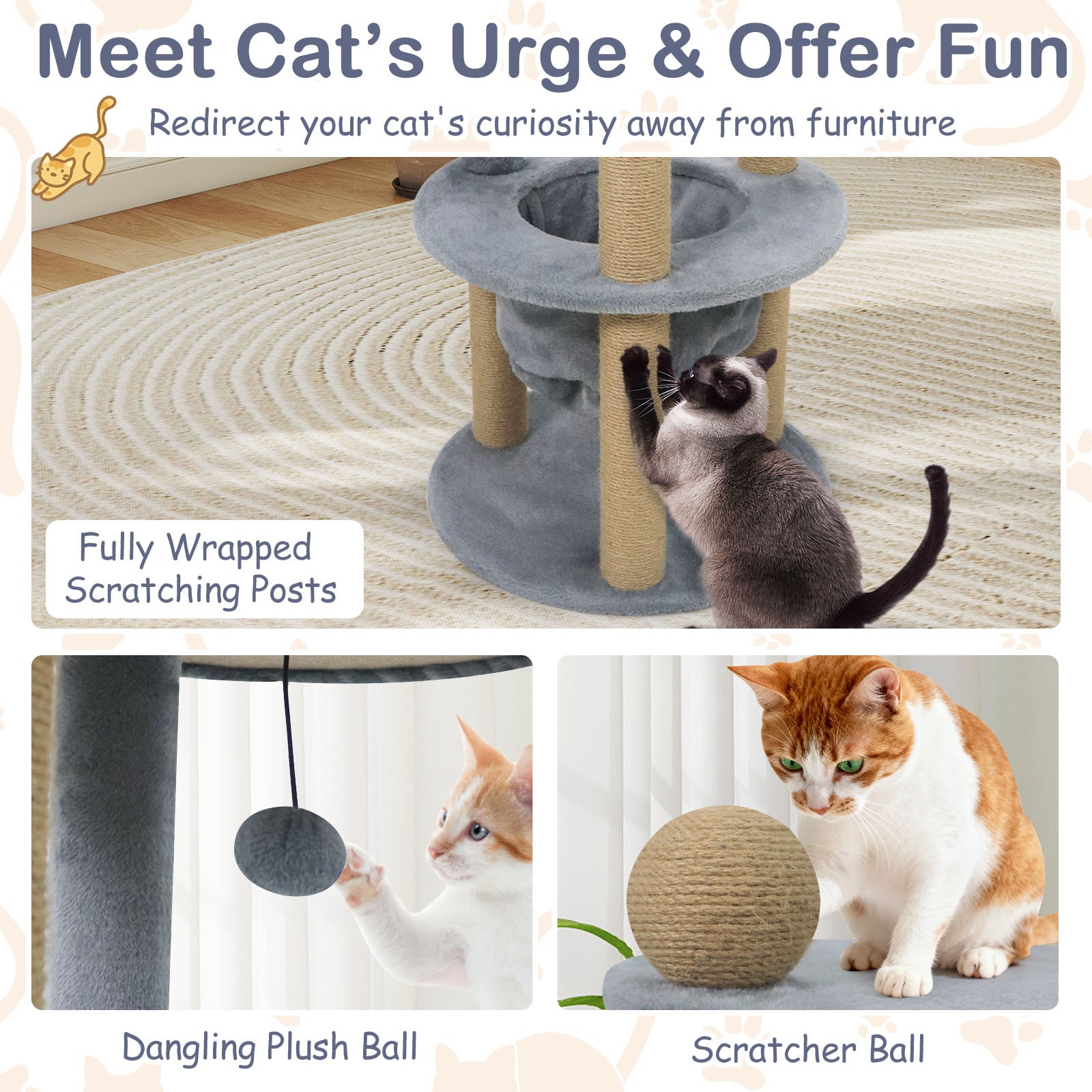 47 Inches Tall Cat Tower with Cat Nest and Scratching Posts, Gray Cat Trees Condos & Scratchers at Gallery Canada