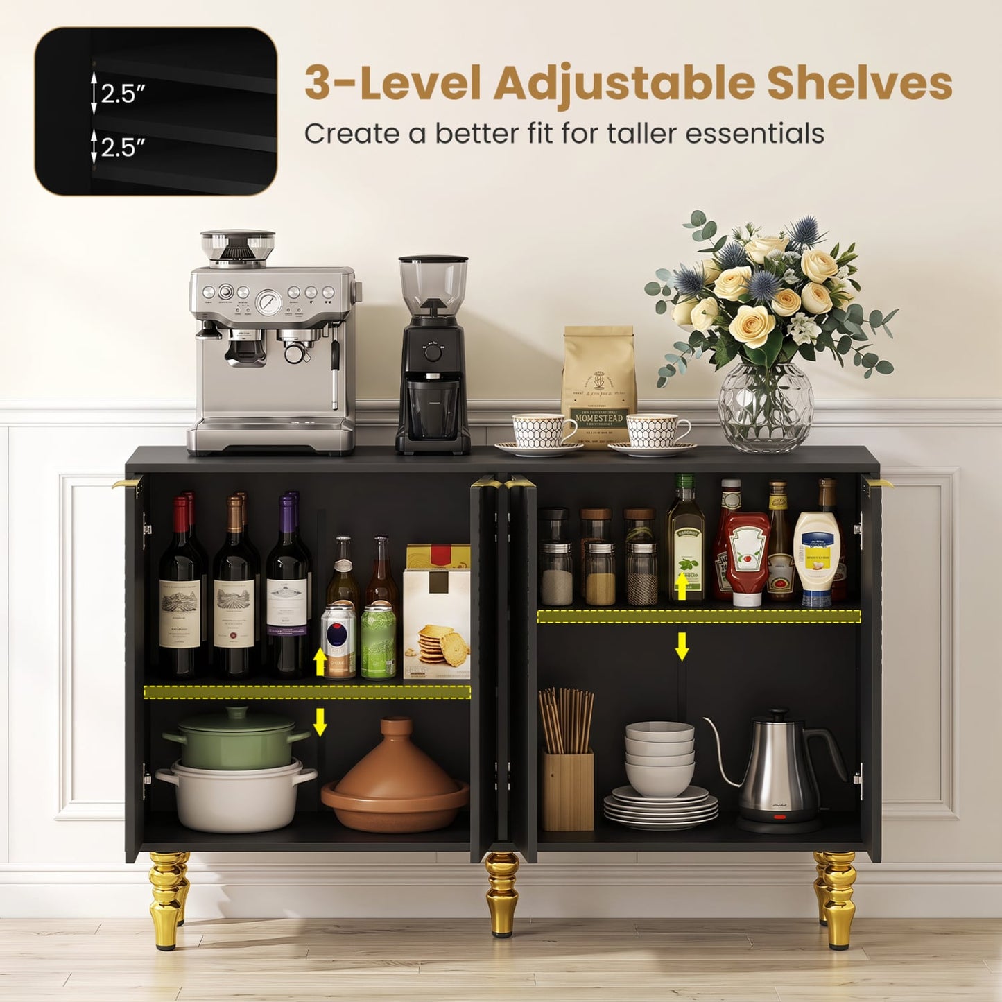 47" Sideboard Buffet Cabinet, 4 Fluted Doors, Anti-Toppling, Black Sideboards Cabinets & Buffets at Gallery Canada