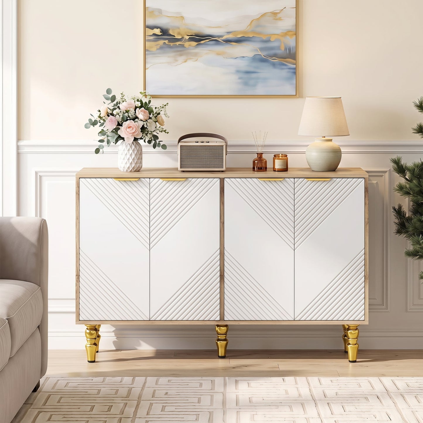 47" Sideboard Buffet Cabinet, 4 Fluted Doors, Anti-Toppling, Natural Sideboards Cabinets & Buffets at Gallery Canada