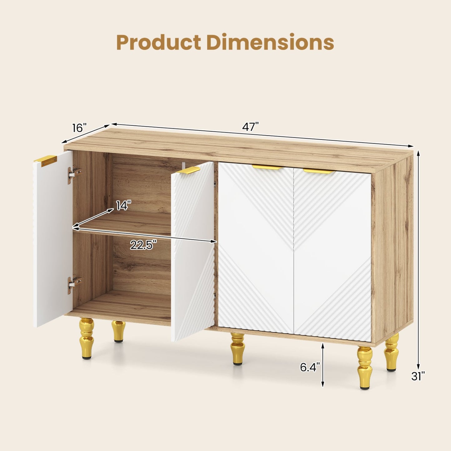 47" Sideboard Buffet Cabinet, 4 Fluted Doors, Anti-Toppling, Natural Sideboards Cabinets & Buffets at Gallery Canada