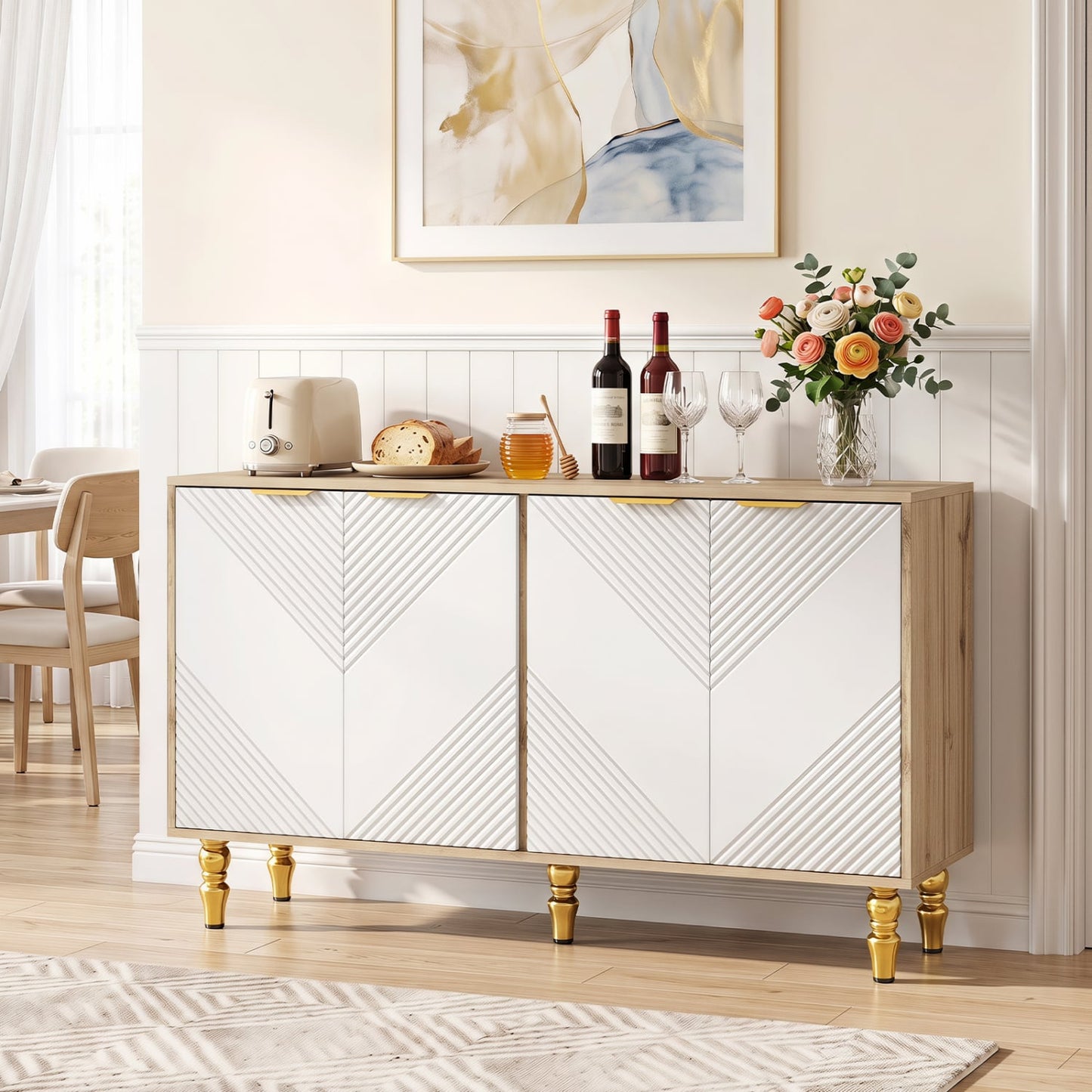 47" Sideboard Buffet Cabinet, 4 Fluted Doors, Anti-Toppling, Natural Sideboards Cabinets & Buffets at Gallery Canada