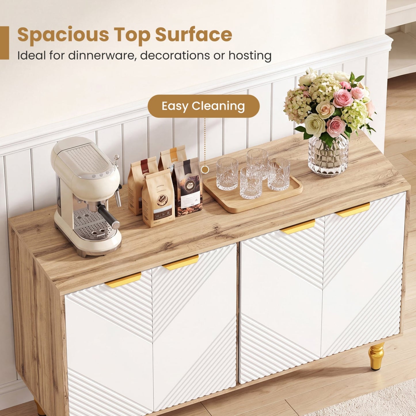 47" Sideboard Buffet Cabinet, 4 Fluted Doors, Anti-Toppling, Natural Sideboards Cabinets & Buffets at Gallery Canada